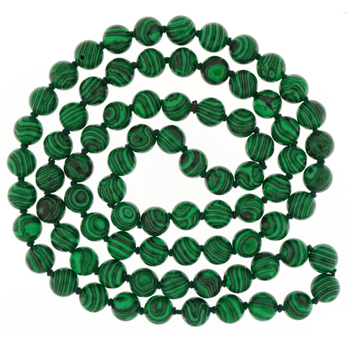 3091 - Malachite design bead necklace, each bead 10mm in diameter, overall 88cm in length, 92.8g