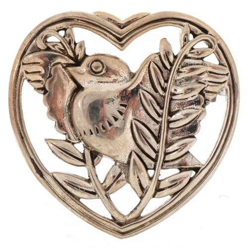 3085 - Modernist sterling silver brooch in the form of a bird in a love heart, 3.3cm high, 8.6g