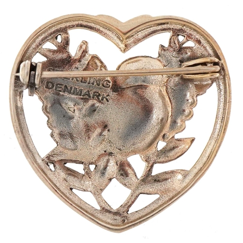 3085 - Modernist sterling silver brooch in the form of a bird in a love heart, 3.3cm high, 8.6g