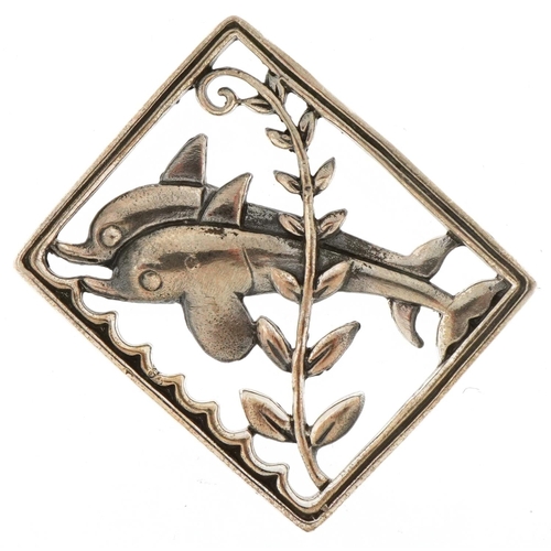 3223 - Modernist sterling silver brooch in the form of two leaping dolphins, 3.2cm wide, 9.8g