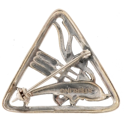 3128 - Modernist sterling silver brooch in the form a dolphin leaping through a hoop, 3cm high, 6.0g