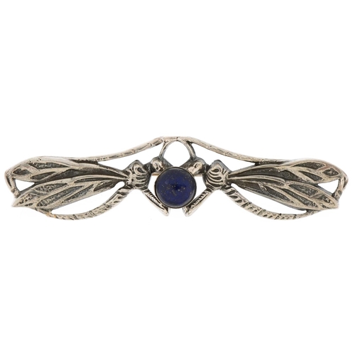 3172 - Egyptian Revival sterling silver bar brooch in the form of dragonflies set with a lapis lazuli caboc... 