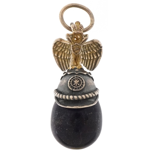 3334 - Silver gilt lapis lazuli egg pendant in the form of a Russian helmet, impressed Russian marks, 3cm h... 