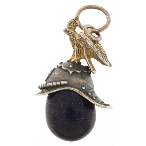 3334 - Silver gilt lapis lazuli egg pendant in the form of a Russian helmet, impressed Russian marks, 3cm h... 