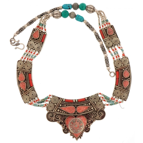 3338 - Indian white metal necklace set with turquoise and coral coloured stones, 50cm in length, 138.0g