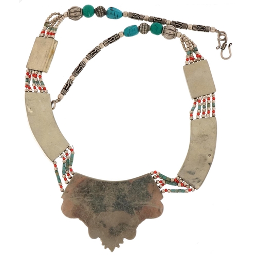 3338 - Indian white metal necklace set with turquoise and coral coloured stones, 50cm in length, 138.0g