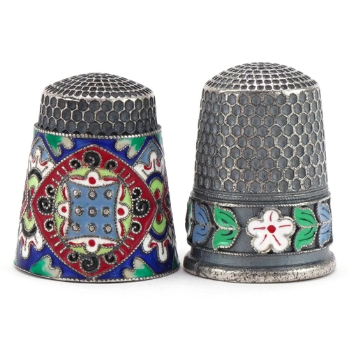 442 - Two silver and enamel thimbles, each with impressed Russian marks, the largest 2.3cm high, total 20.... 