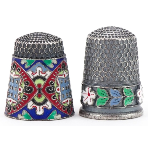 442 - Two silver and enamel thimbles, each with impressed Russian marks, the largest 2.3cm high, total 20.... 