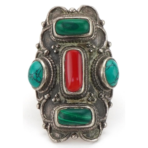 3332 - Middle Eastern silver ring set with malachite, coral and turquoise stones, size U, 15.5g