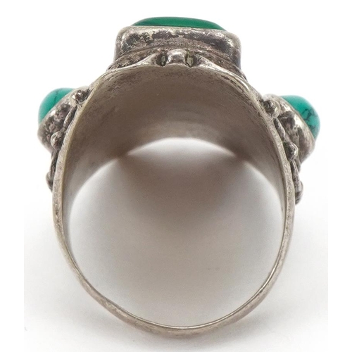 3332 - Middle Eastern silver ring set with malachite, coral and turquoise stones, size U, 15.5g