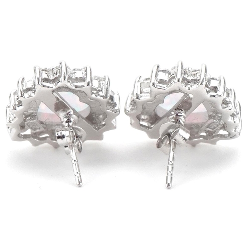 3307 - Pair of silver stud earrings in the form of love hearts set with opals and clear stones, 1.8cm high,... 