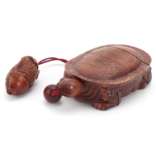 1405 - Japanese carved wood four section inro in the form of a tortoise and fish toggle, overall 28cm in le... 