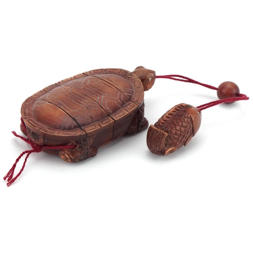 1405 - Japanese carved wood four section inro in the form of a tortoise and fish toggle, overall 28cm in le... 