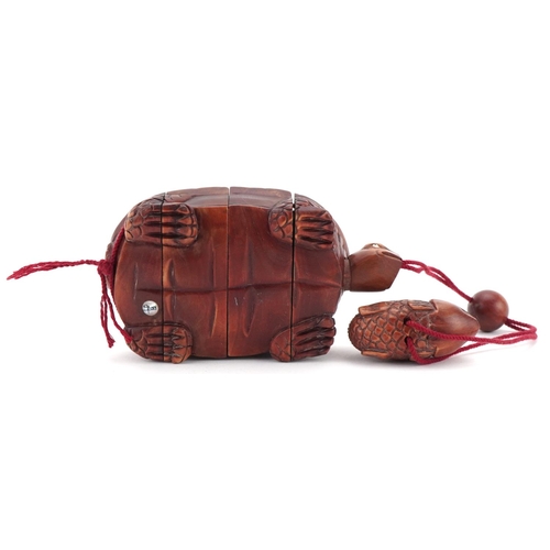 1405 - Japanese carved wood four section inro in the form of a tortoise and fish toggle, overall 28cm in le... 