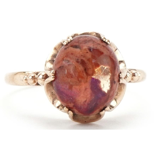 3278 - 9ct gold cabochon opalescent stone ring, size Q/R, 2.6g