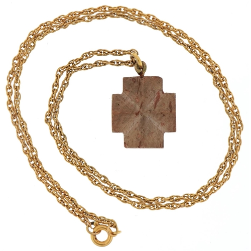 3328 - Petrified wood cross pendant on a yellow metal multi link necklace, 1.5cm high and 44cm in length, t... 