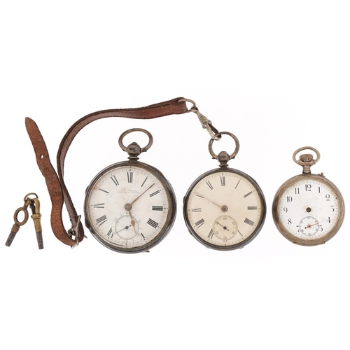 3339 - Three antique ladies and gentlemen's silver open face pocket watches having enamelled dials with Rom... 