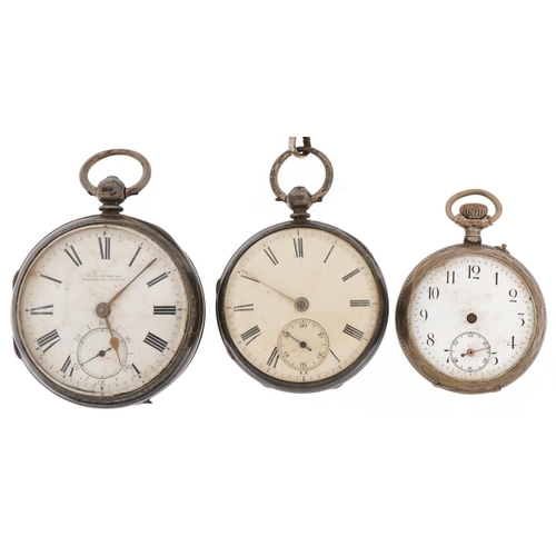 3339 - Three antique ladies and gentlemen's silver open face pocket watches having enamelled dials with Rom... 