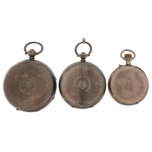 3339 - Three antique ladies and gentlemen's silver open face pocket watches having enamelled dials with Rom... 