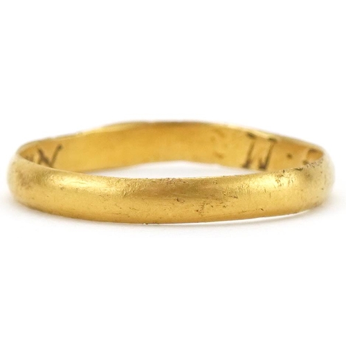 Antique unmarked gold posy ring engraved Not left by gon before J.M, size P, 1.9g