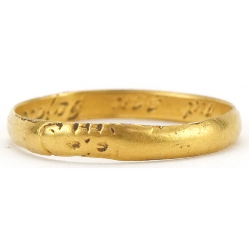 3121 - Antique unmarked gold posy ring engraved Not left by gon before J.M, size P, 1.9g