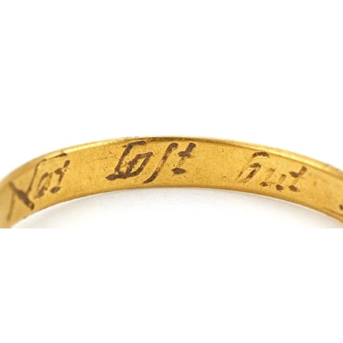  Antique unmarked gold posy ring engraved Not left by gon before J.M, size P, 1.9g