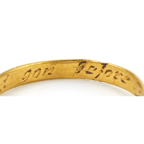  Antique unmarked gold posy ring engraved Not left by gon before J.M, size P, 1.9g