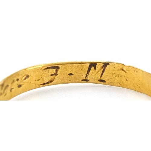 3121 - Antique unmarked gold posy ring engraved Not left by gon before J.M, size P, 1.9g