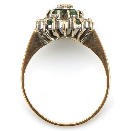 3115 - 9ct gold diamond and emerald three tier cluster ring, size O, 2.6g