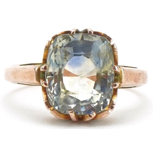 3113 - Unmarked rose gold sapphire solitaire ring, the sapphire approximately 10.20mm x 8.60mm x 6.20mm dee... 