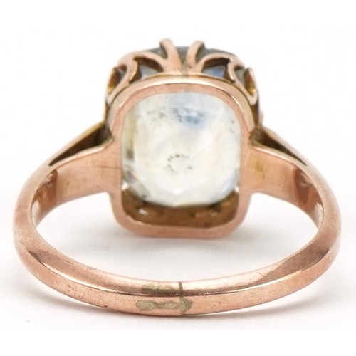 3113 - Unmarked rose gold sapphire solitaire ring, the sapphire approximately 10.20mm x 8.60mm x 6.20mm dee... 