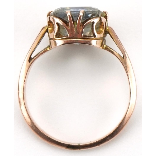 3113 - Unmarked rose gold sapphire solitaire ring, the sapphire approximately 10.20mm x 8.60mm x 6.20mm dee... 