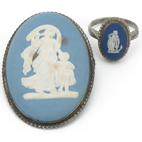 3208 - Silver mounted Wedgwood Jasperware brooch and ring, size N, total 18.4g