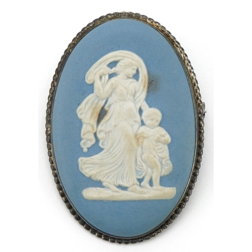 3208 - Silver mounted Wedgwood Jasperware brooch and ring, size N, total 18.4g