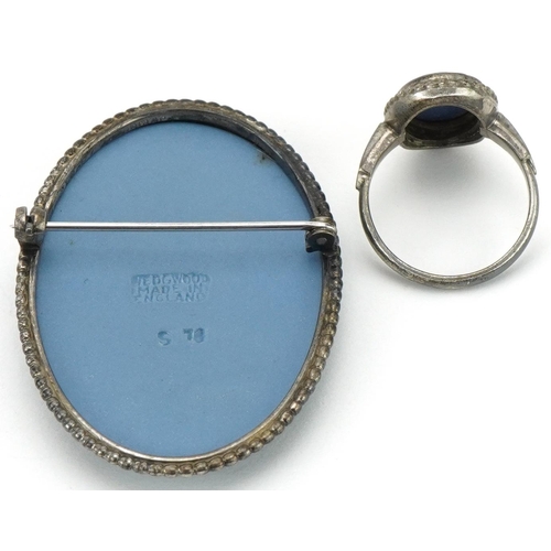 3208 - Silver mounted Wedgwood Jasperware brooch and ring, size N, total 18.4g