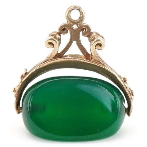 3189 - Antique unmarked gold emerald spinner fob, 2cm high, 2.8g