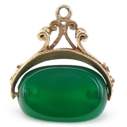 3189 - Antique unmarked gold emerald spinner fob, 2cm high, 2.8g