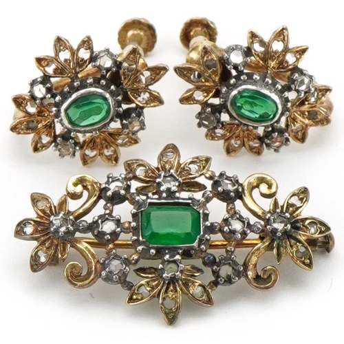 3102 - Vintage gilt metal naturalistic brooch with matching earrings, each set with white sapphires and gre... 