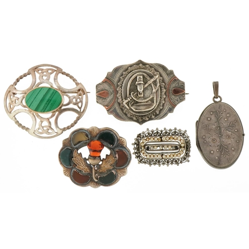 3267 - Five antique and later silver brooches including a Victorian aesthetic example and a Scottish hardst... 