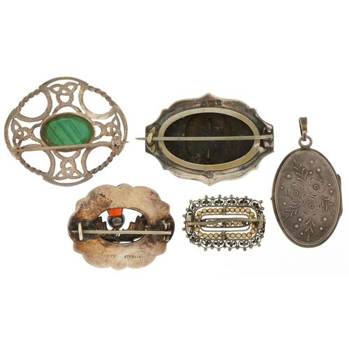 3267 - Five antique and later silver brooches including a Victorian aesthetic example and a Scottish hardst... 