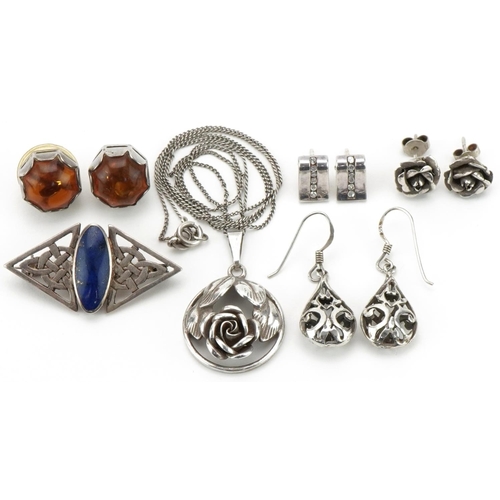 3272 - Silver jewellery comprising four pairs of earrings, floral pendant on necklace and lapis lazuli Celt... 