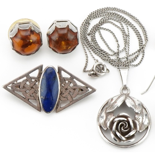 3272 - Silver jewellery comprising four pairs of earrings, floral pendant on necklace and lapis lazuli Celt... 