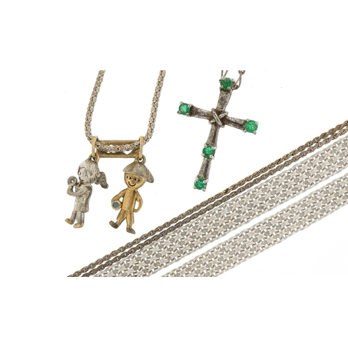 3177 - Silver jewellery comprising two pendants on chains, longuard chain and a multi link necklace, total ... 