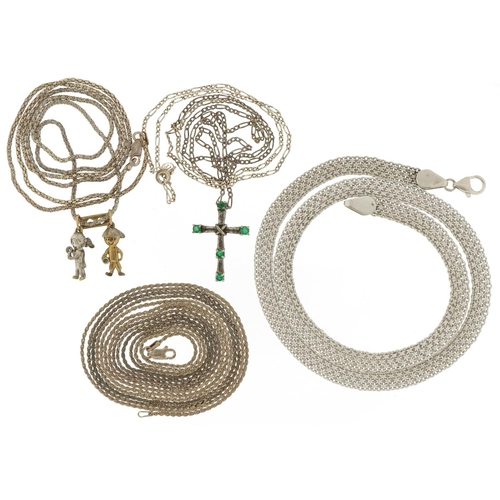 3177 - Silver jewellery comprising two pendants on chains, longuard chain and a multi link necklace, total ... 