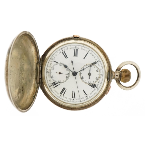 3156 - Continental 935 grade silver gentlemen's full hunter chronograph pocket watch having enamelled and s... 