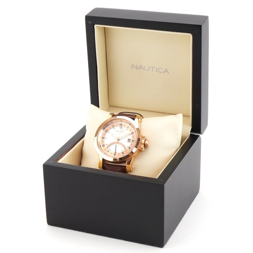 3353 - Nautica, gentlemen's gold plated and stainless steel wristwatch with box having Arabic numerals and ... 