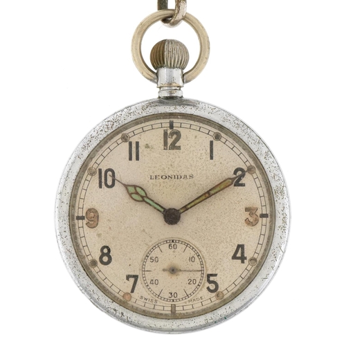 2578 - Leonidas, British military issue open face pocket watch, the white dial having Arabic numerals and l... 