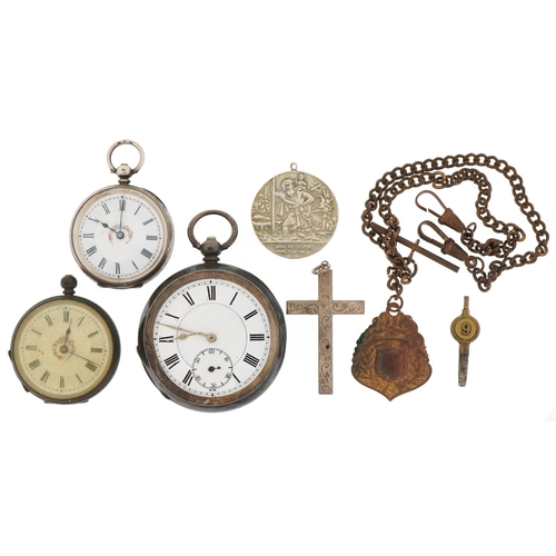 3317 - Antique and later jewellery including three silver open face pocket watches, St. Christopher pendant... 