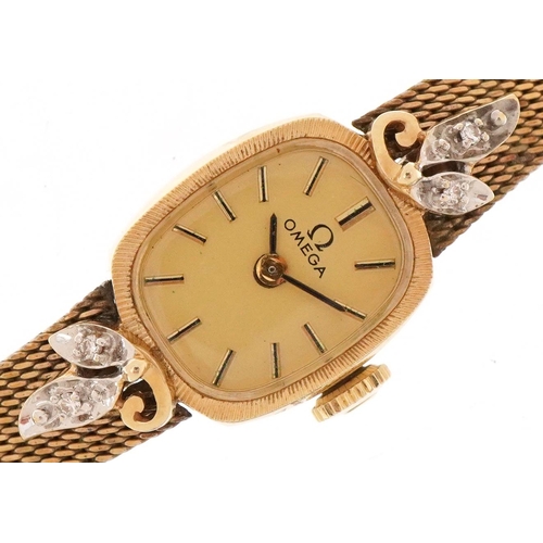 3013 - Omega, ladies 14ct gold manual wind wristwatch with gold plated strap set with diamonds, the case 14... 