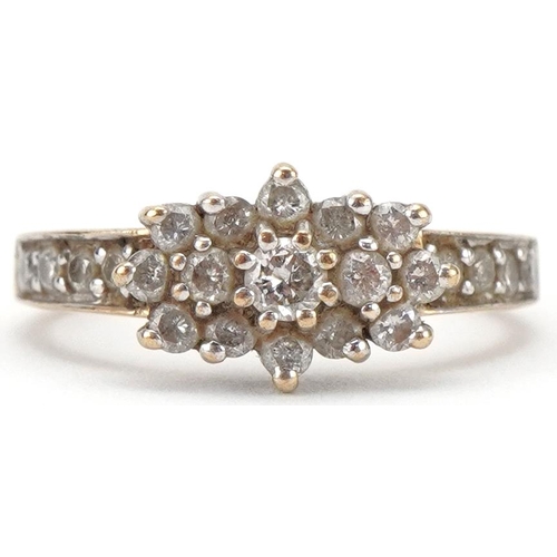 3069 - 9ct gold diamond cluster ring with diamond set shoulders, total diamond weight approximately 0.50 ca... 